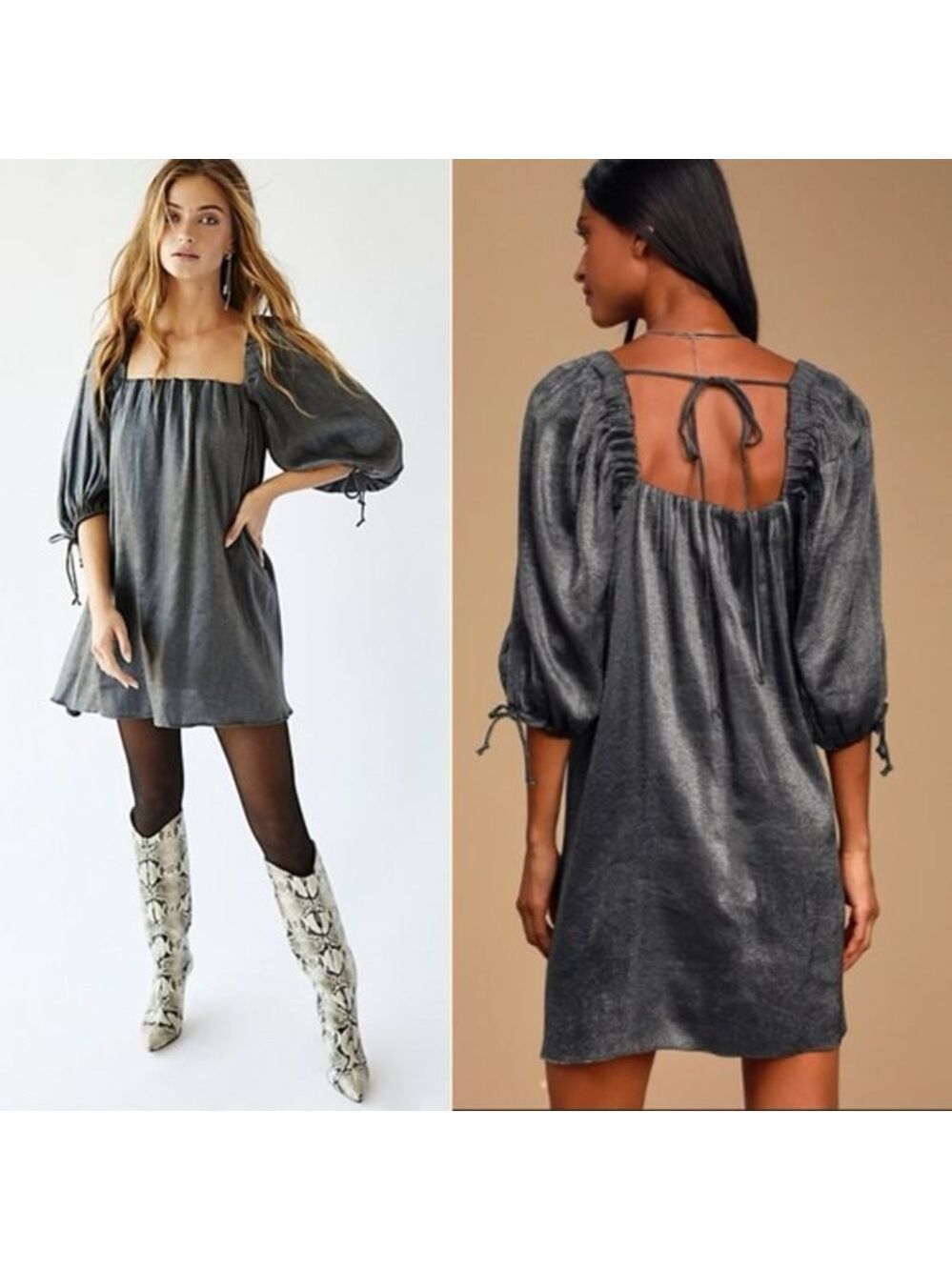 Free People Mara Balloon Sleeve A-line Mini Party Dress in Graphite